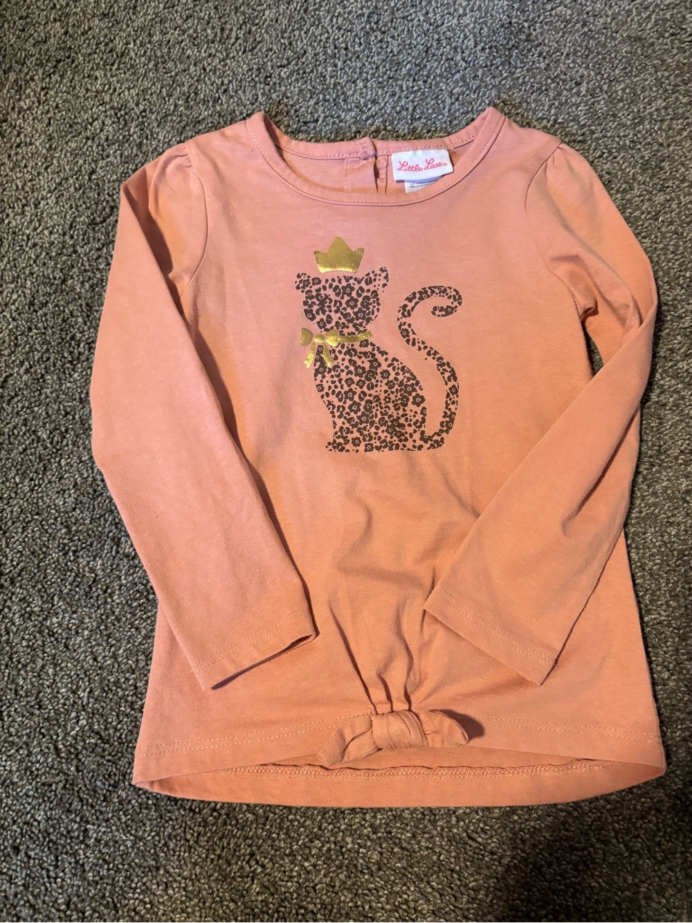 Little Lass Peach Long Sleeve Cat Top with Knot Hem